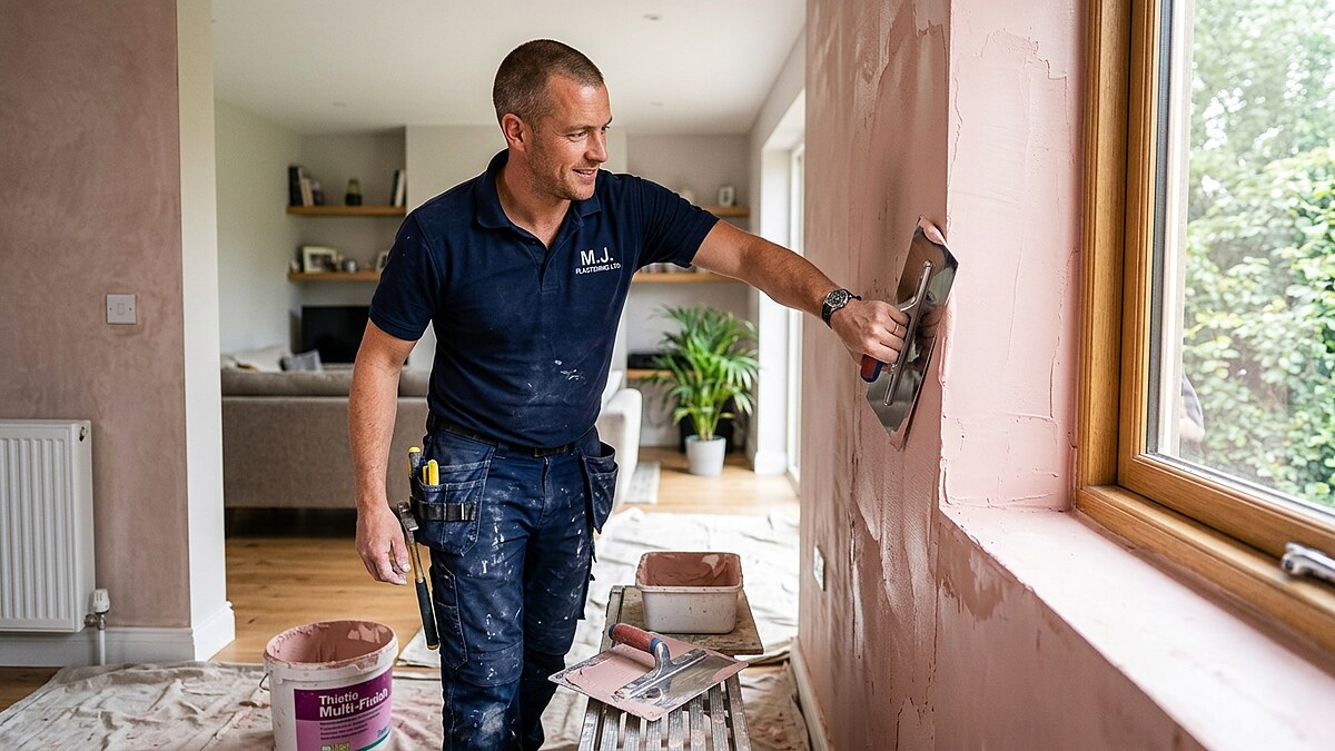 Skilled Swindon plasterer applying a fresh, smooth skim coat of pink gypsum plaster to an interior living room wall