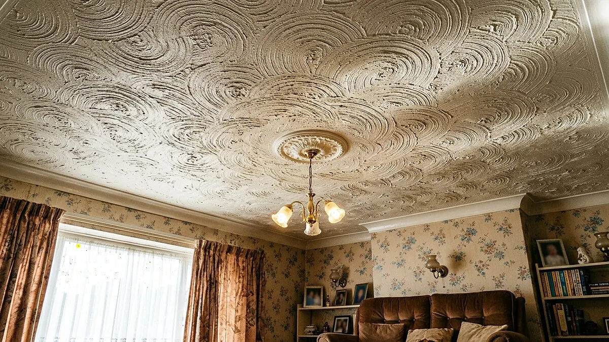 Dated textured swirl Artex ceiling before skim renovation