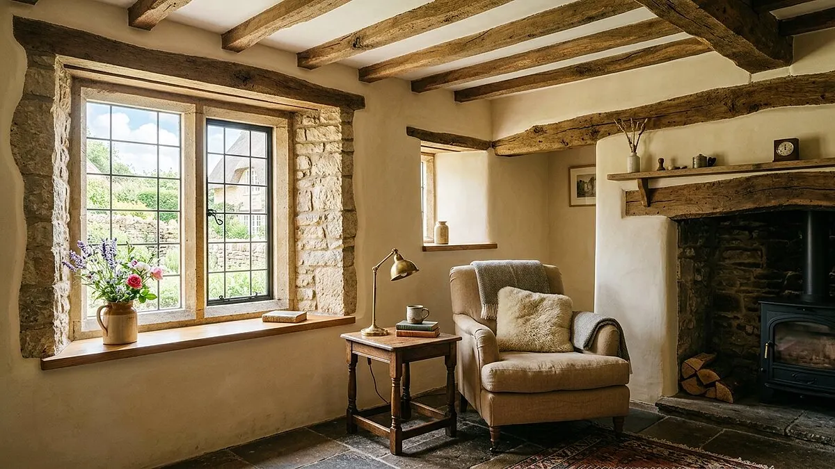 Restored stone cottage interior with breathable smooth lime plaster finish