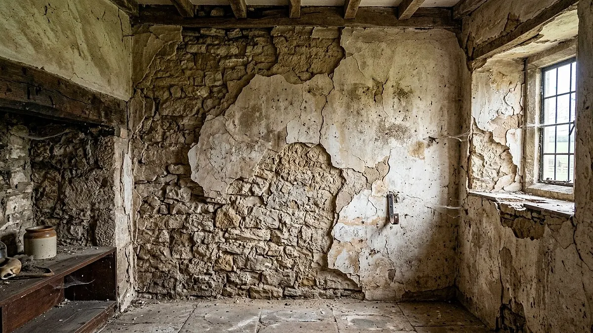 Damaged crumbling stone wall before traditional lime plaster restoration