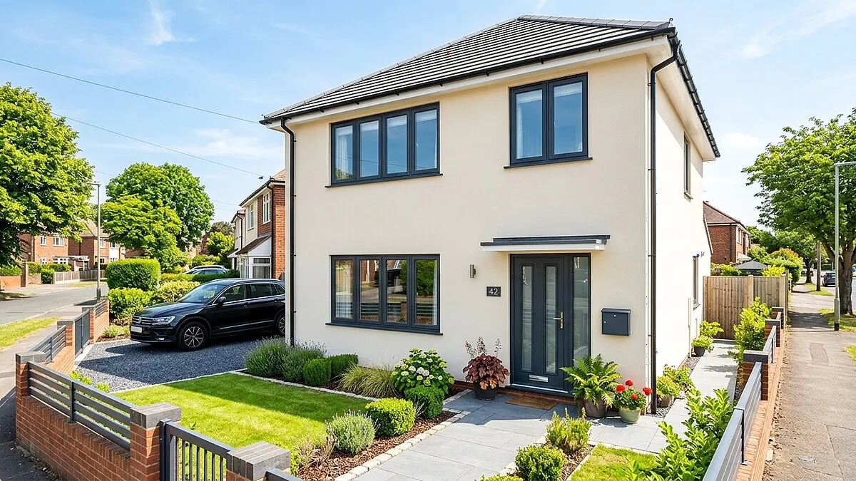 Crisp smooth monocouche exterior render in sandstone-white after renovation